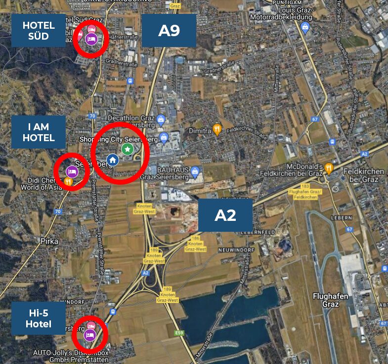 Map with markers to mark the KUSS hall and GS with surrounding hotels