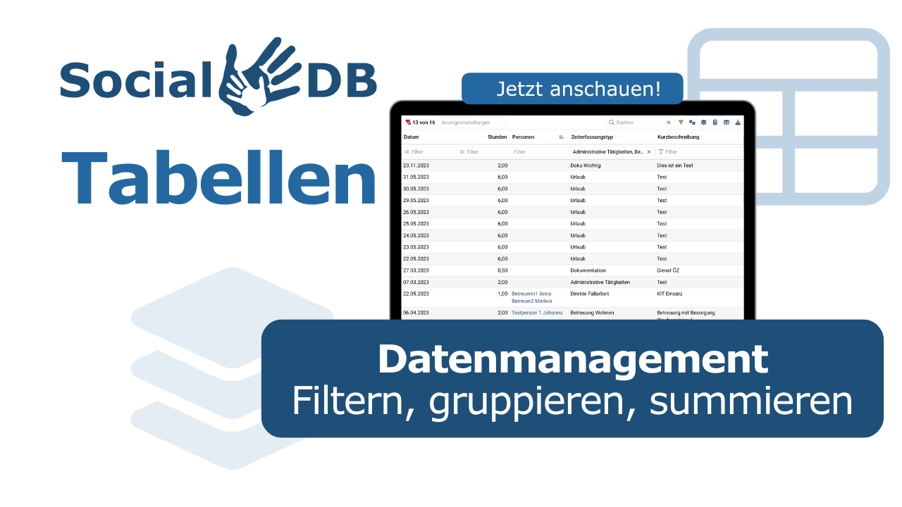 Illustration of a SocialDB table with functions for filtering, grouping and totalling data in the video course Illustration of a SocialDB table with functions for filtering, grouping and totalling data in the video course
