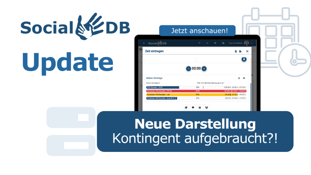Screenshot of the new contingent overview in SocialDB with coloured display of availability and consumption of hourly contingents.