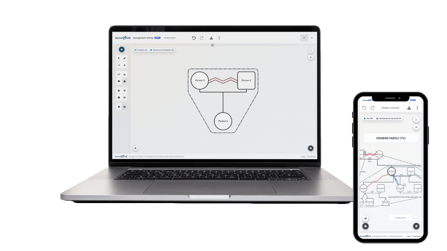 Online genogram tool from SocialDB on laptop and smartphone for creating professional genograms in social work