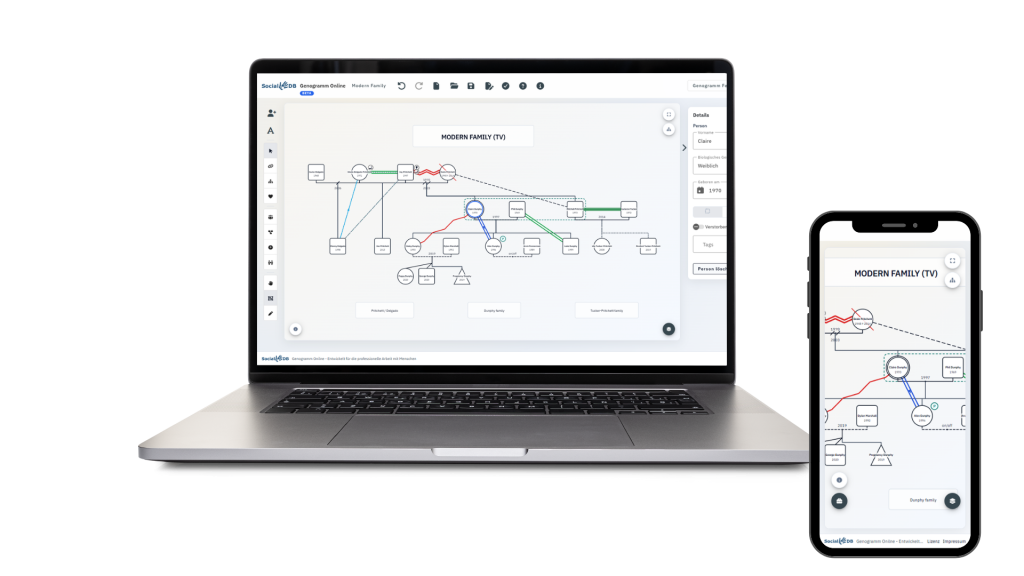 Online genogram tool from SocialDB on laptop and smartphone for creating professional genograms in social work